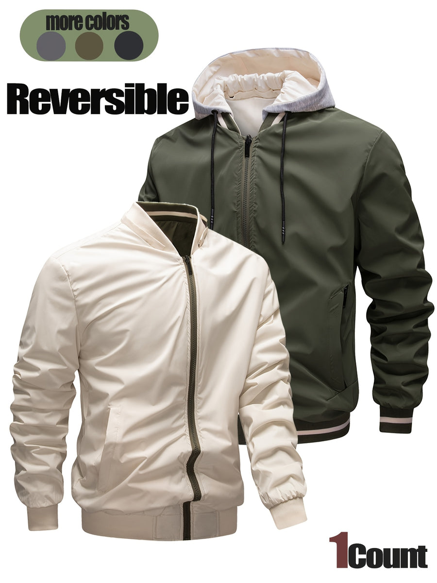 New Men's Warm Thick Reversible Hooded Outdoor Jacket with Zipper Pockets Detachable Hood And Ribbed Cuffs Versatile Casual Coat for Daily Commute Wild Adventure Skiing Hiking Trekking Daily Outdoor Daily Matching Outfits - Military Green