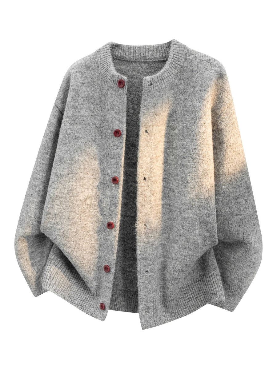 Du Jing Lan OBM 1pc Autumn/Winter New Arrival Men's Knitted Cardigan, Old Money Style Solid Color Single-Breasted Button Closure Crew Neck Open Front Knitted Cardigan, Men's Business Casual Fashion Open Front Knitted Cardigan Top - Light Grey