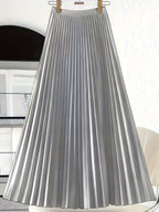 Elegant Women'S Pleated Skirt Light Gray - Fiber Is Not Easy to Stretch, Machine Washable, Solid Color, Versatile Casual Formal Style, Vertical Pleated Design - Light Grey