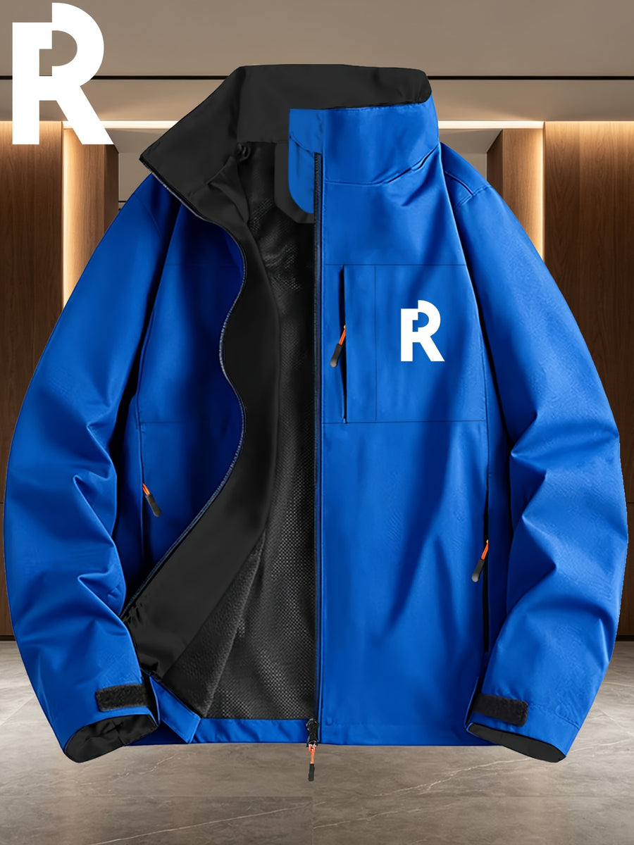 Simple Large "R" Letter Navy Blue Lined White Full-Zip Stand Collar Windproof Jacket for Men and Women, Spring/Autumn Multi-Pocket Trendy Casual Outdoor Windbreaker - Royal Blue