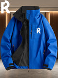 Simple Large "R" Letter Navy Blue Lined White Full-Zip Stand Collar Windproof Jacket for Men and Women, Spring/Autumn Multi-Pocket Trendy Casual Outdoor Windbreaker - Royal Blue