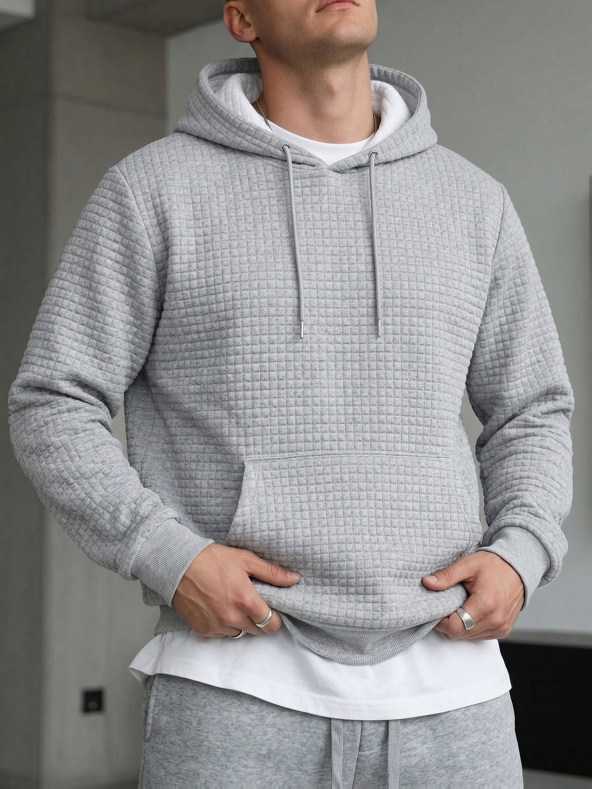 Men's Waffle Knit Hooded Sweatshirt, Spring/Autumn Long-Sleeve Pullover, Textured Checkered Breathable Fabric, Loose Fit with Drawstring Kangaroo Pocket, Casual Commuter Top - Light Grey