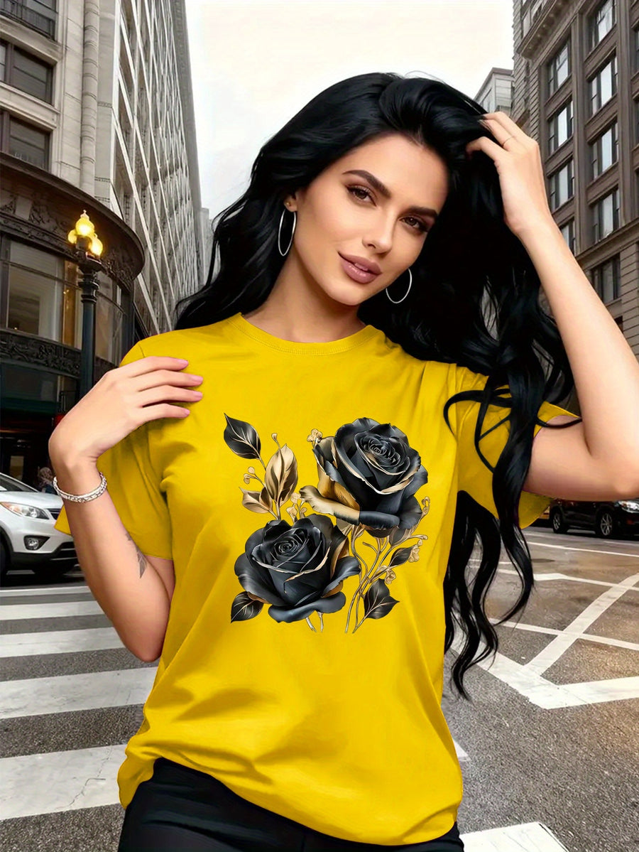 A Stylish And Breathable T-Shirt Featuring a Luxurious Vintage Design with a Black And Golden Rose Pattern, Perfect for Family Trips, Campus Events, Casual, Daily Commutes, Matching Outfits for Sisters, And Versatile Wear - Yellow