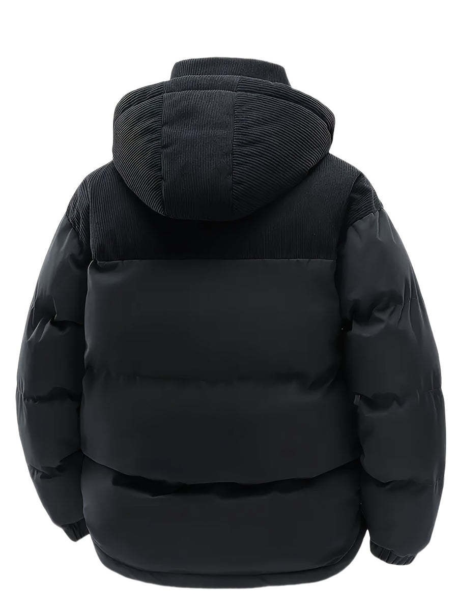 Men's Thickened Winter Jacket - Warm Windproof Hooded Outerwear, Polyester Fiber Filling Suitable for Cold Weather, Outdoor Activities - for Teens and Adults, Seasonal Layering, Casual Outerwear, Comfortable and Warm - Black