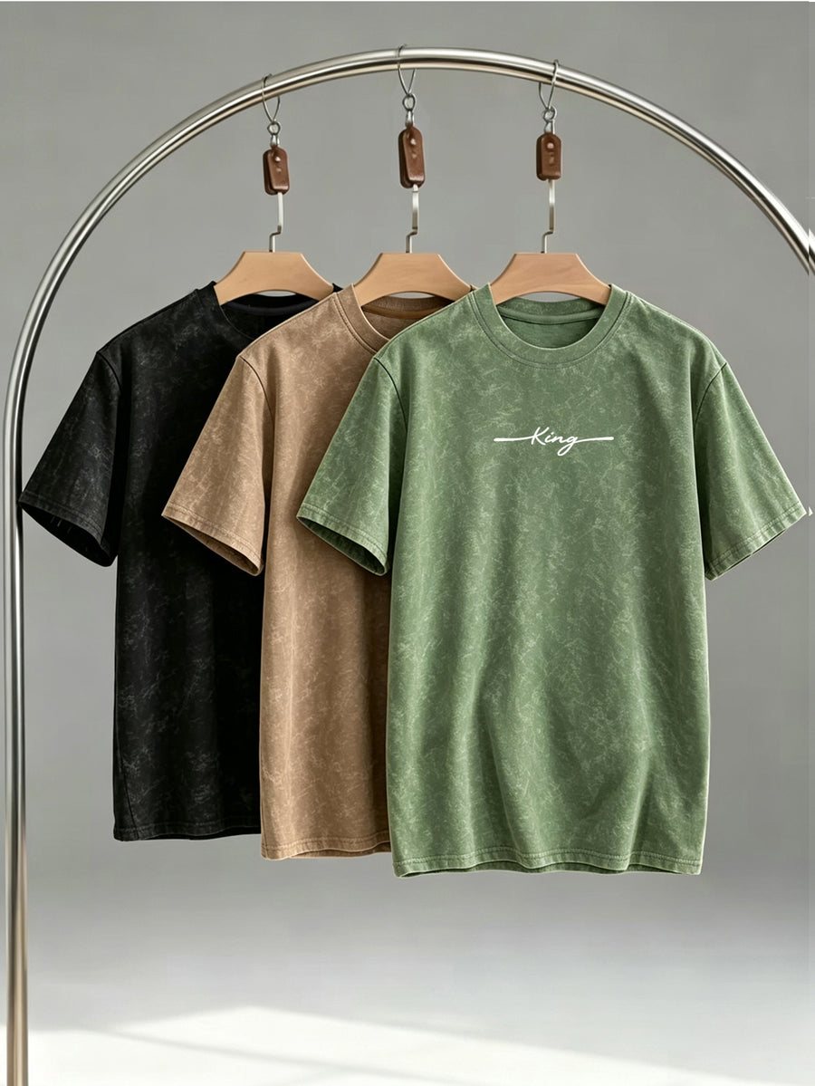 Street Style Distressed Washed Crew Neck Short Sleeve T-Shirt Men's 3pcs Set King Print Casual Top - Green+Khaki+Black