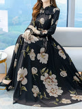 Fortune-Attracting Printed Women's Long-Sleeve Dress - Black