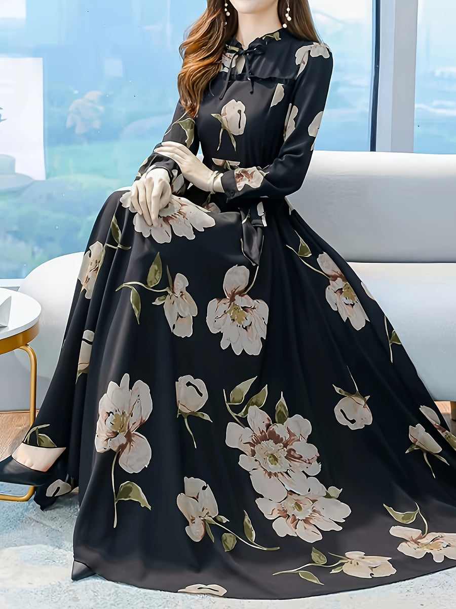 Fortune-Attracting Printed Women's Long-Sleeve Dress - Black