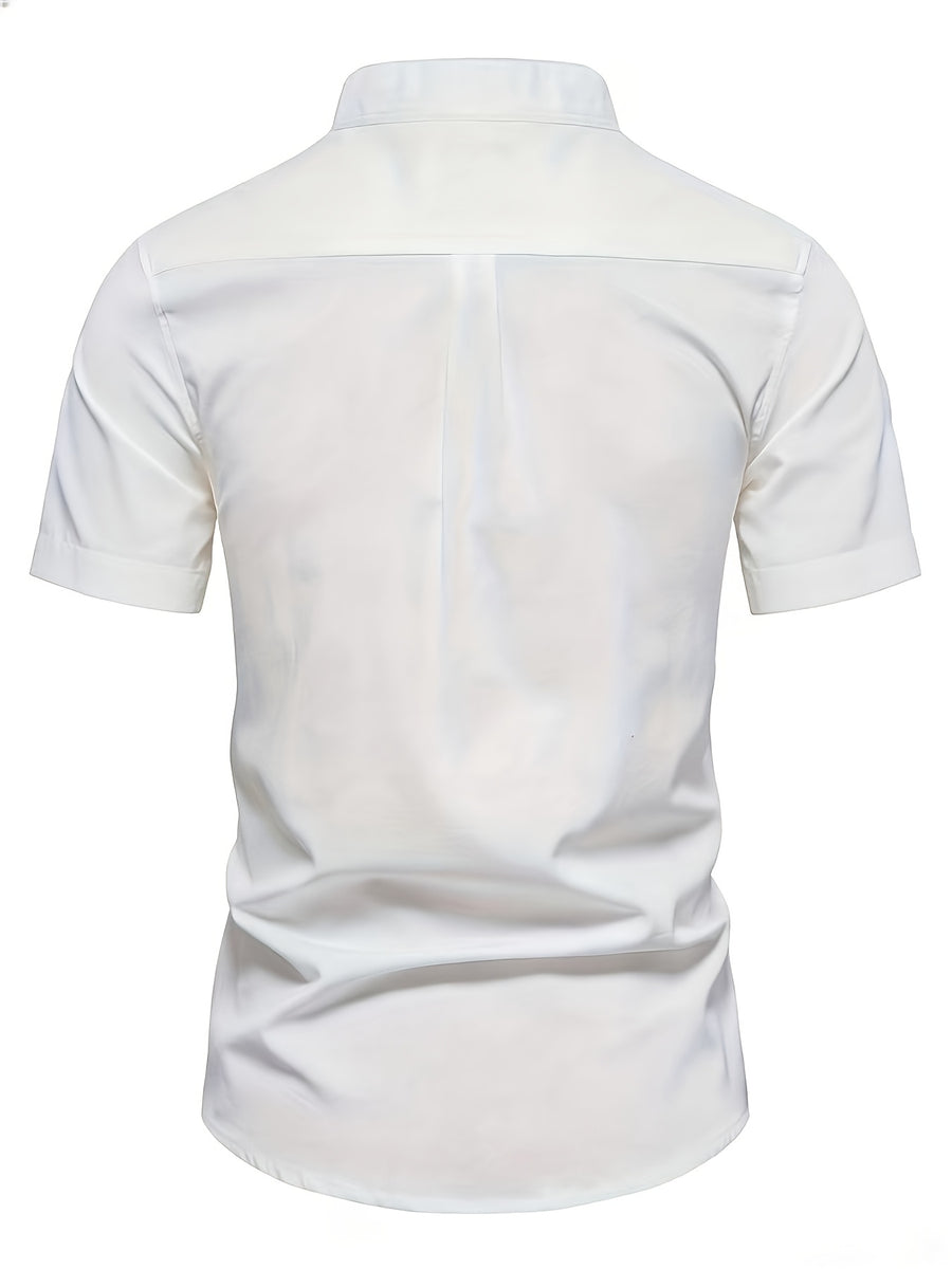 Men'S Stand-Up Collar Short Sleeve Shirt, High-Quality Solid Color Business Casual Top, Suitable for Spring Summer - White