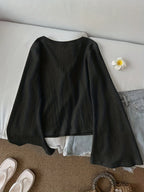 Solid Color Front-Tie Bow Open-Front Fashion Flared Sleeve Blouse New Women'S Short Top - Black