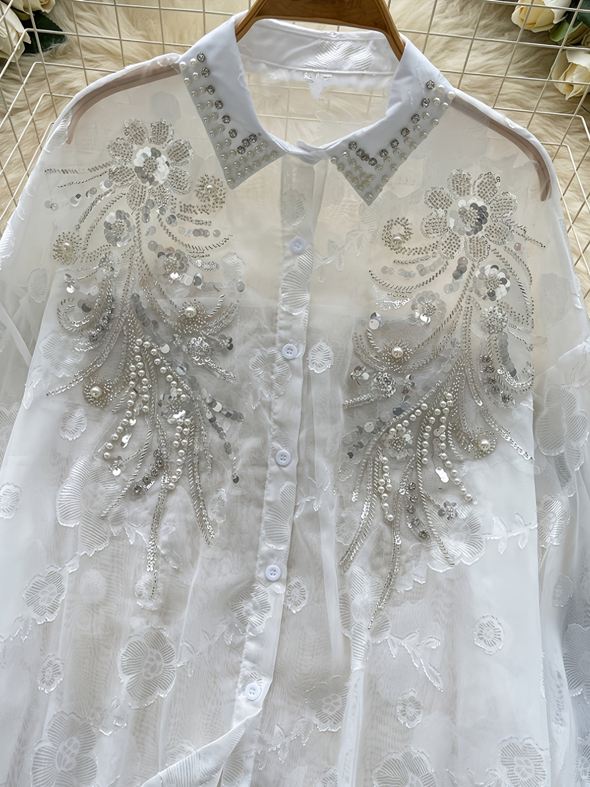 Light Luxury Socialite Heavy Bead Sequin Embroidery Lantern Sleeve Shirt Women'S Summer Thin Loose Outerwear Long Sleeve Top - White