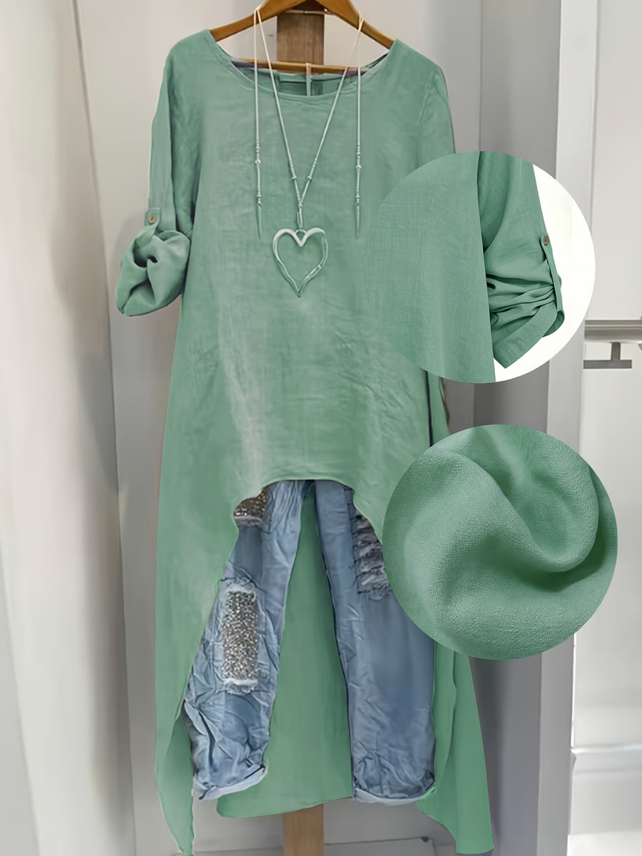 Women' Elegant Asymmetric Oversized Shirt - Loose Fit Long Sleeve Round Neck Blouse with Short Front & Extended Back Length, Layering Piece Suitable for Spring/Fall, Casual to Dressy Wear (No Stretch) - Green
