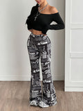 2026 New Women'S Elastic Waist Full Print Flare Leg Pants | Casual Long Length, Skinny Fit, All-Season Printed Trousers for Going Out - Mixed colors