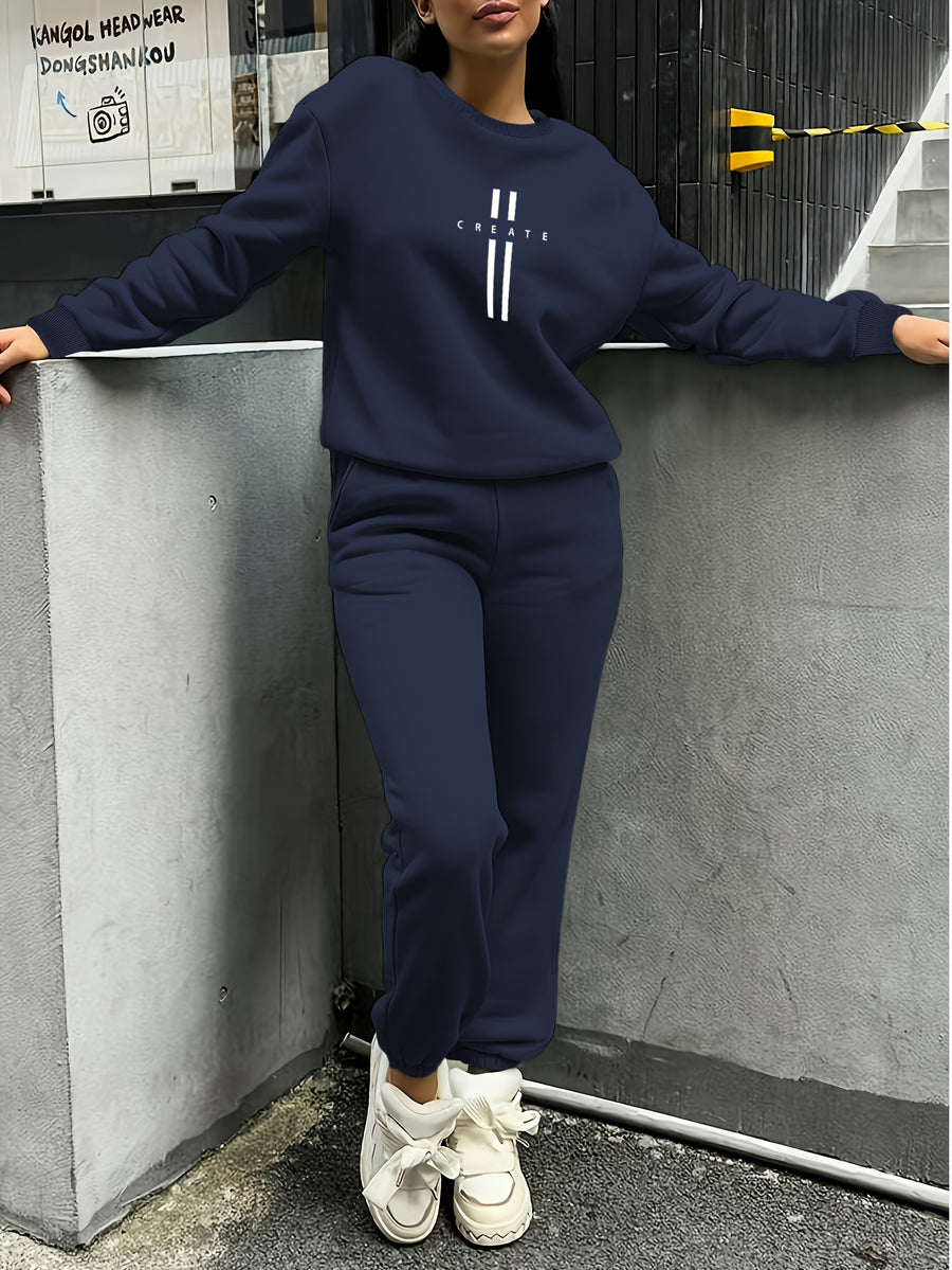 Women'S Autumn Winter Two-Piece Set, Easy Pattern Sweatshirt And Jogger Pants - Purplish Blue