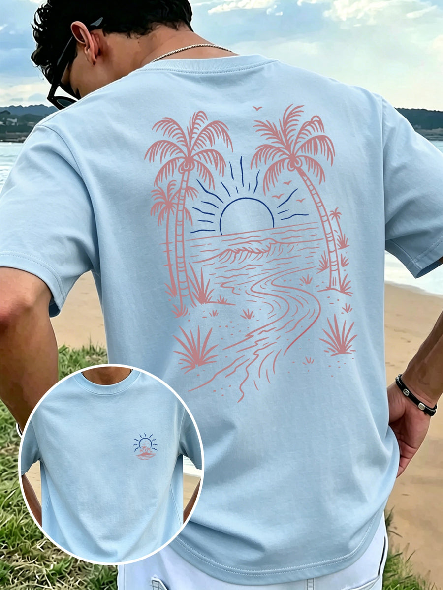 Men'S New Pure Short Sleeve Round Neck T-Shirt Palm Tree Tropical Coast Sunset Print Comfortable Soft Breathable Suitable for Casual Summer Essential - Light Blue Color