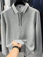 Autumn Multi-Color Selectable Men'S Contrast Edge Long Sleeve Polo Shirt, Comfortable Fabric, Easy Lapel, Delicate And Smooth, Loose Fit, Business Commute, Visiting Friends, Business Travel, Home Casual Top - Grey