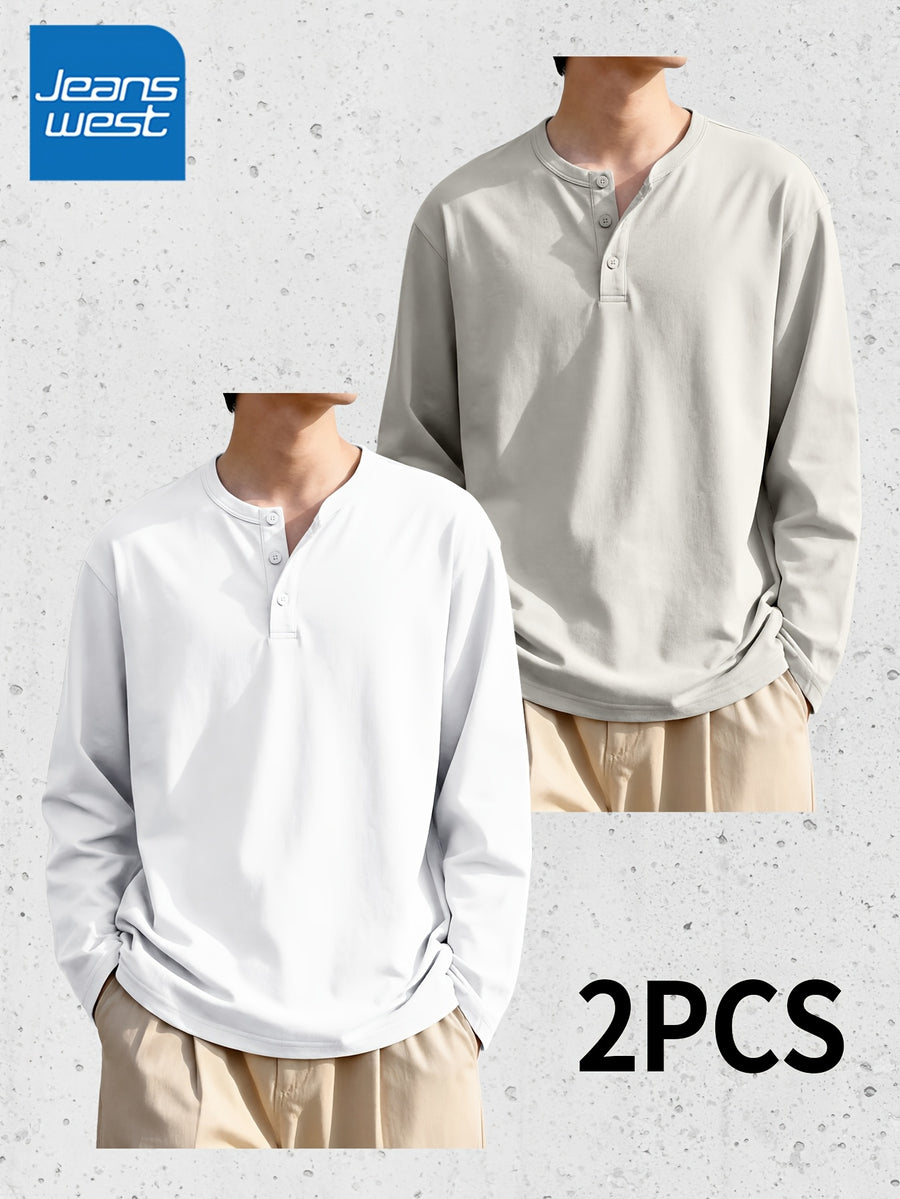 (Set of Two) JEANSWEST Men'S Long-Sleeve Henley Shirts for Spring And Fall - White + Gray Apricot