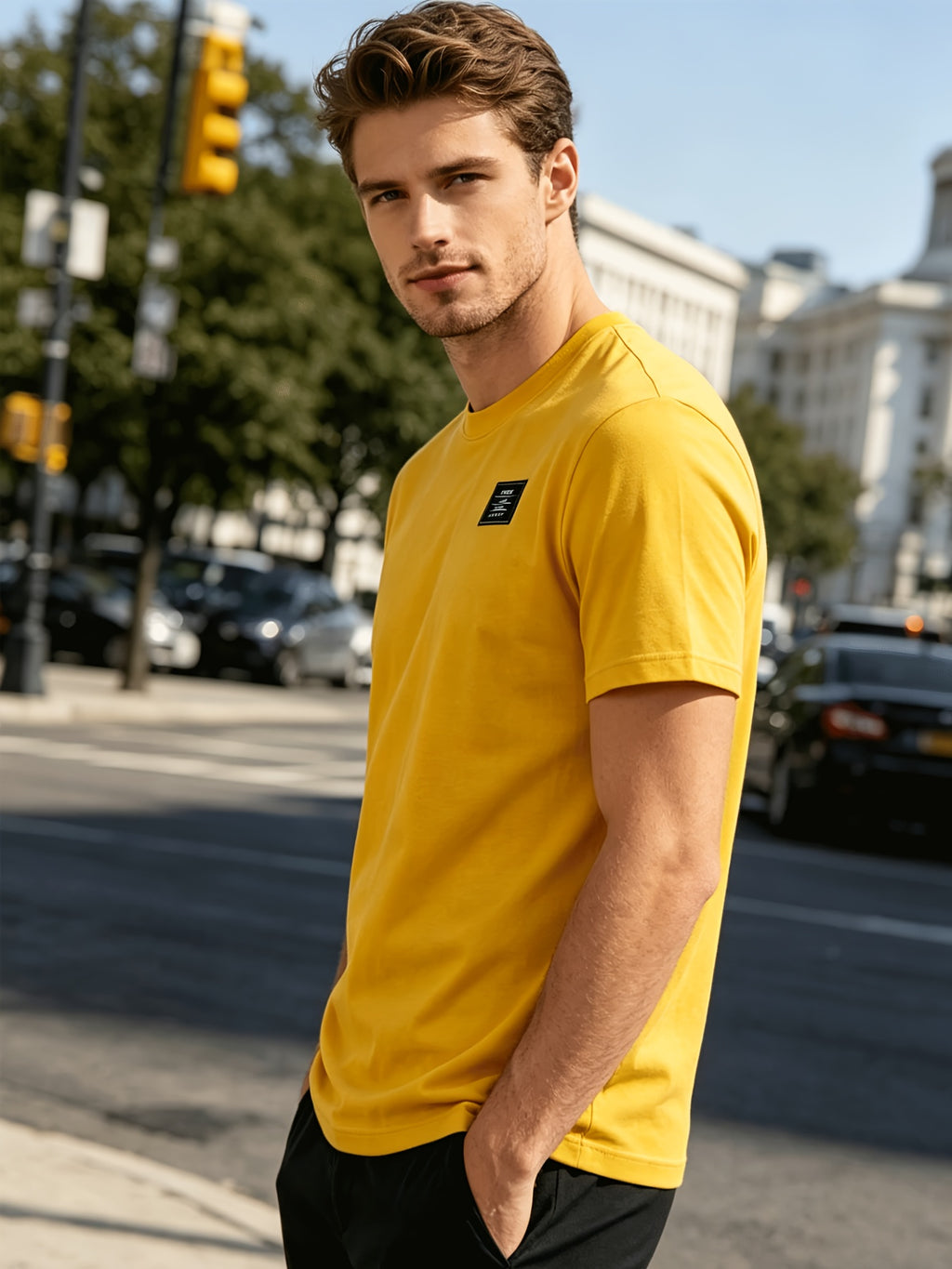 180G Summer Solid Color Pure Men'S Clothing, Multi-Color Optional T-Shirt And Chap Design (1pc) Loose Lazy Skin-Friendly Wrinkle-Free Men'S Basic Top, Short Sleeve Lightweight Breathable - Yellow