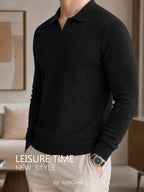 Men's Waffle Textured Long Sleeve Polo Sweater, V Notch Collar Soft Lightweight Knit Pullover, Slim Fit Business Casual Knitted Top for Office Daily Gentlemen Wear - Black