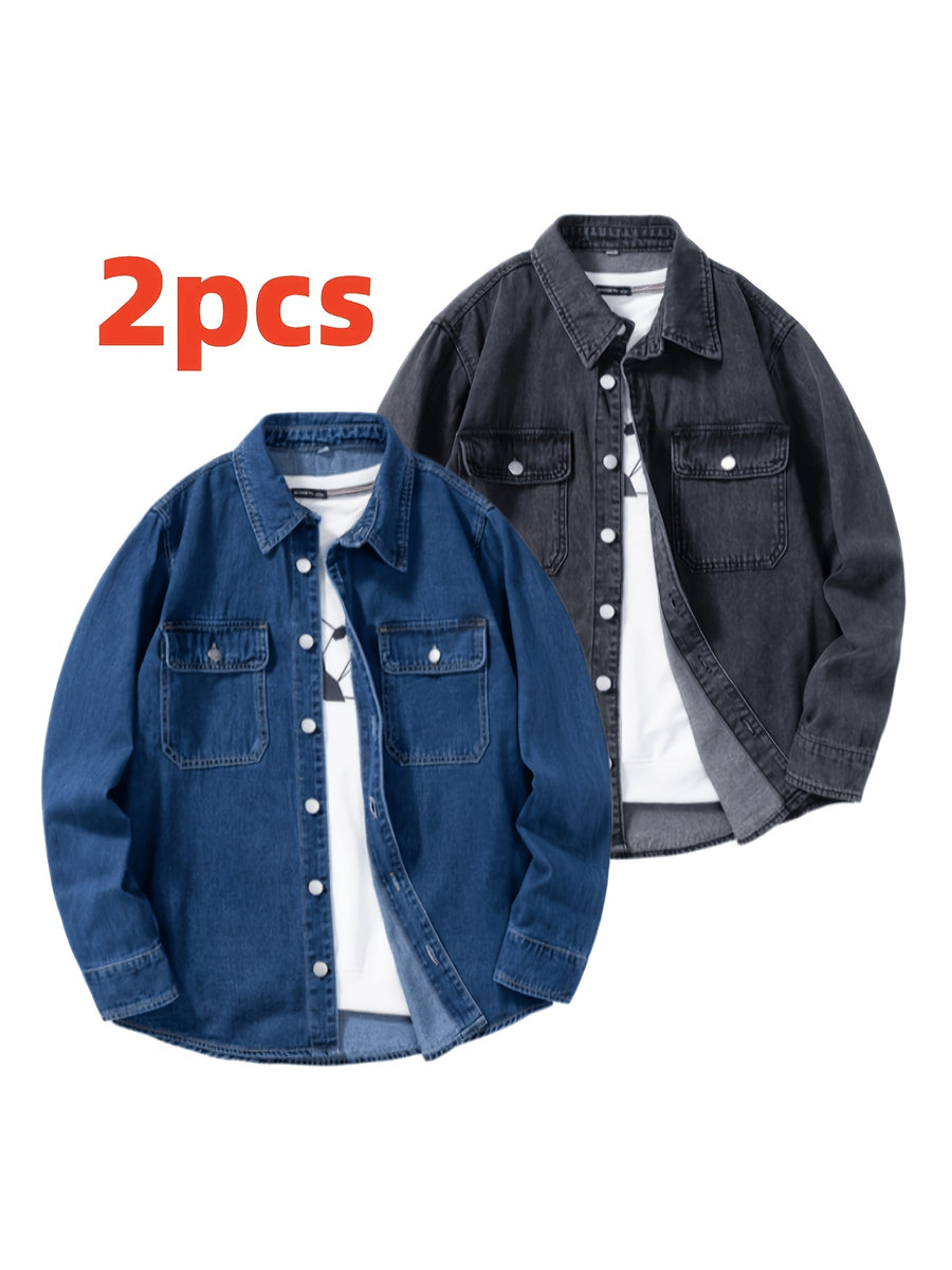 Men's Two-pc Non-Stretch Denim Shirts, Vintage Washed Workwear Long Sleeve Loose Fit Versatile Casual Jackets - Dark blue + black gray