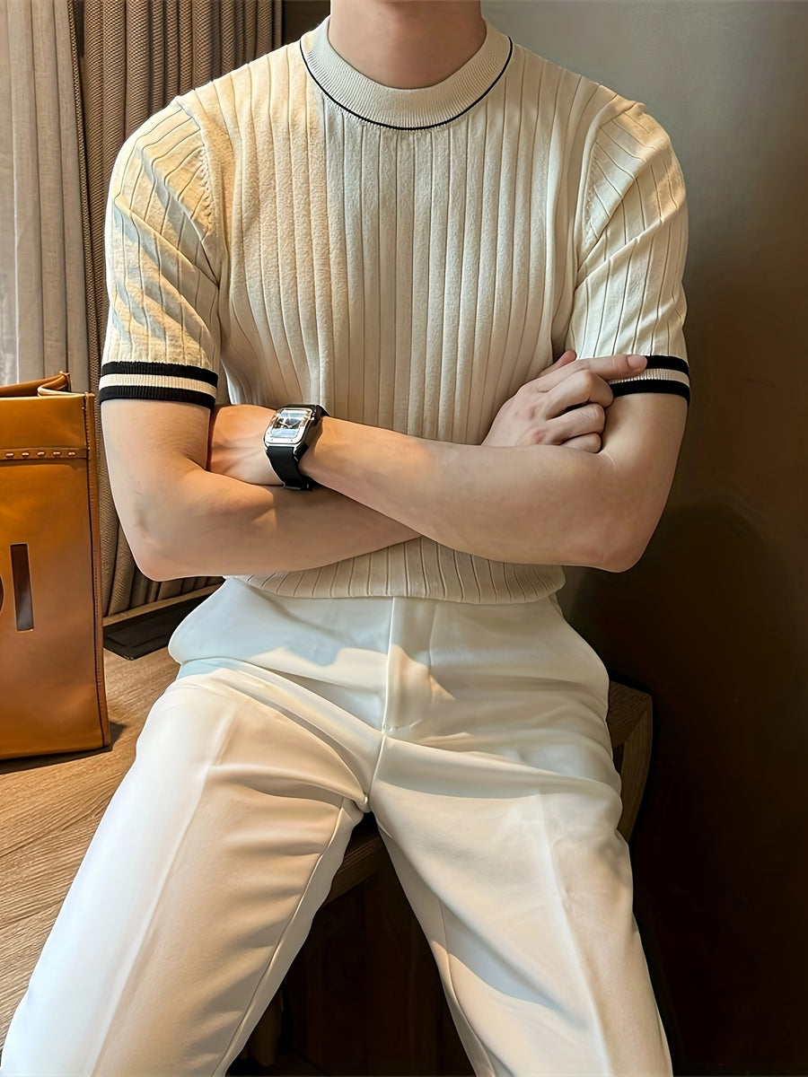 Short-Sleeved Breathable High-Quality Black Knitted Color-Blocked Fitted Men'S Top with a Round Neck And Elasticity - Apricot