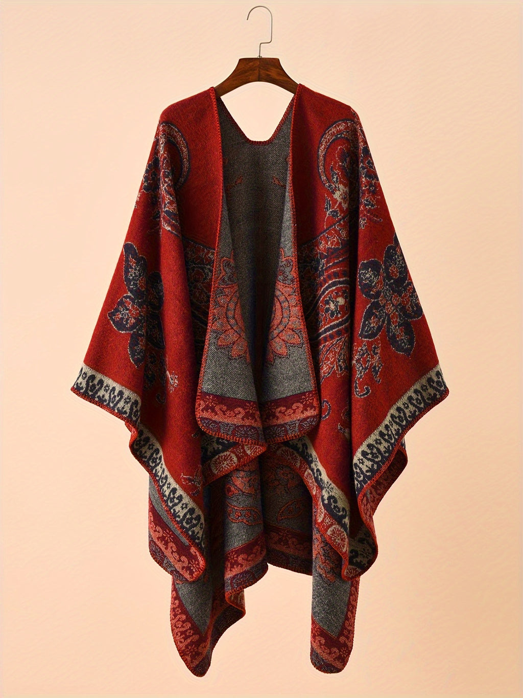 Plus Size - Plus Size - Women'S Oversized Front-Open Thick Shawl Cardigan, Casual Poncho Sweater That Can Be Worn As a Blanket, Suitable for Autumn, Winter, And Nighttime - Red