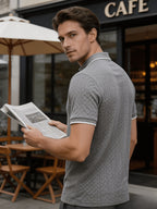 Men'S Quarter-Zip Knit Polo Shirt, Textured Diamond Jacquard Short Sleeve Top, Summer Golf Casual Office Street Wear - Grey