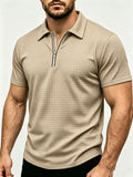 Men's Waffle Knit Half-Zip Polo Shirt, Loose Fit Solid Color Versatile Short Sleeve - Khaki