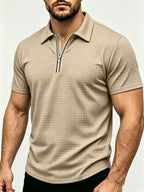 Men's Waffle Knit Half-Zip Polo Shirt, Loose Fit Solid Color Versatile Short Sleeve - Khaki