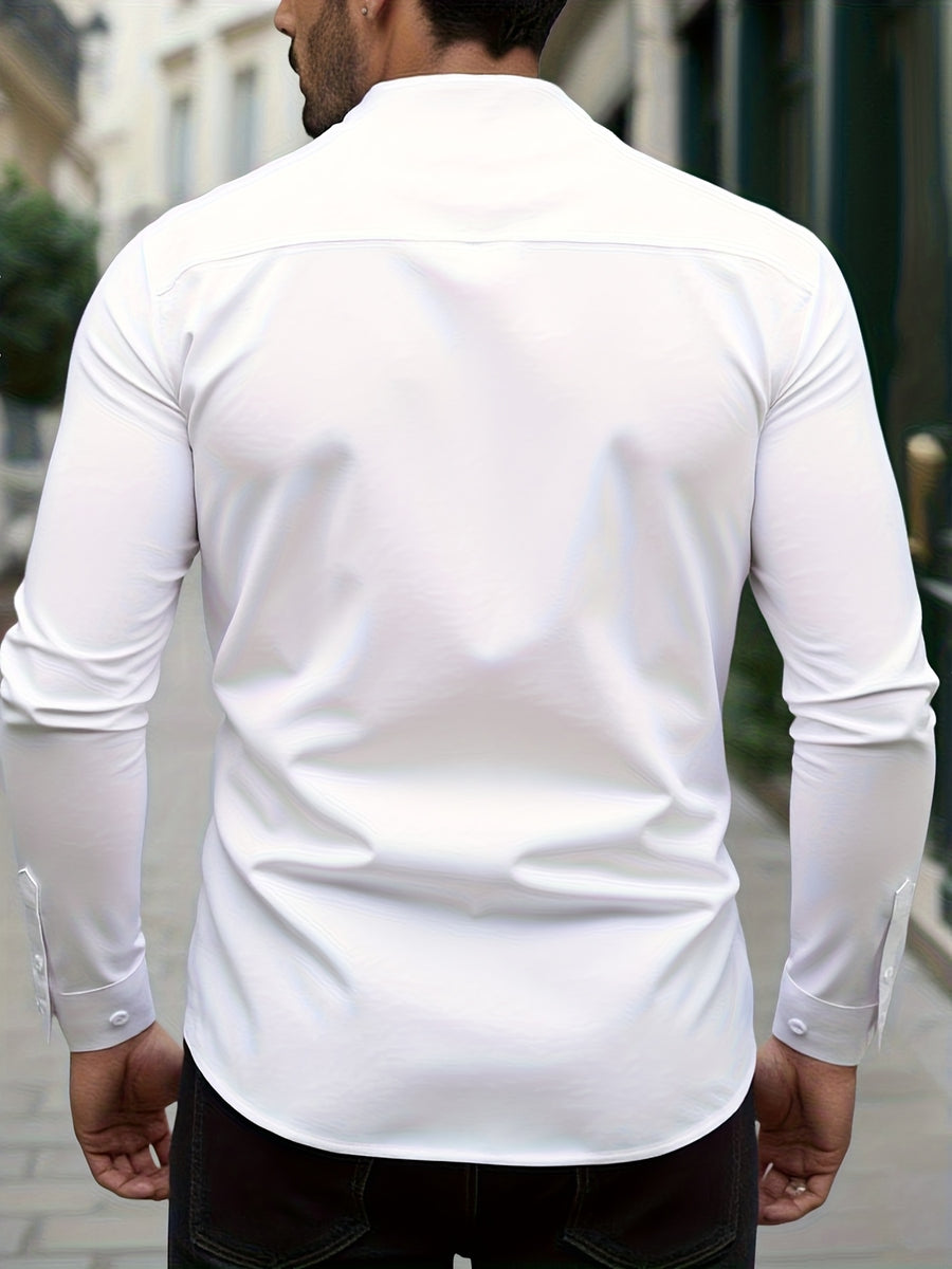 The Men'S Stand-Up Collar White Shirt Is a Easy And Elegant Business Casual Shirt. It Is a Daily Commuting Top Suitable for Casual Dates And Formal Occasions - White