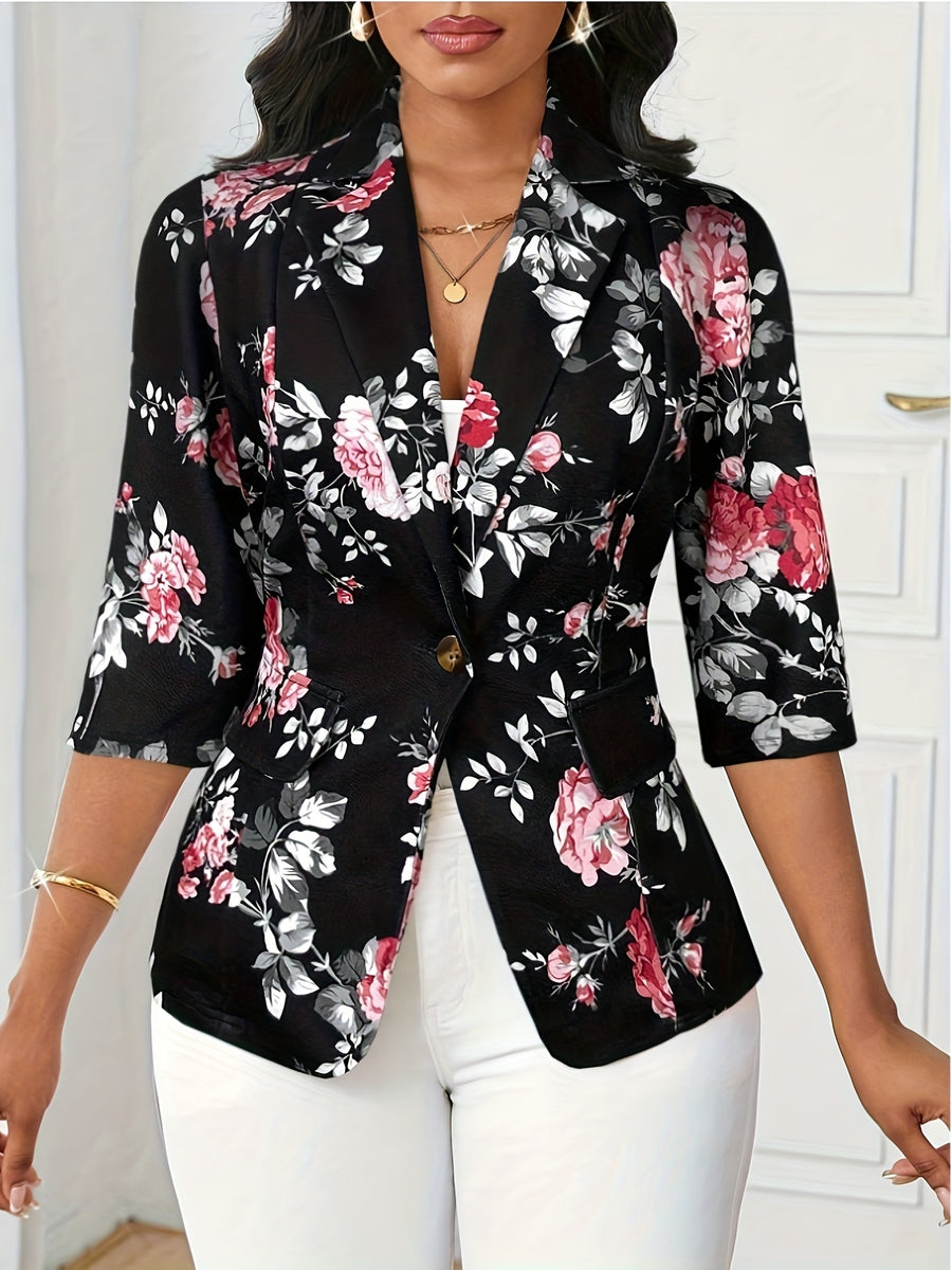 Elegant Women'S Outing, Dating, Work Versatile Fashion Printed Single-Button Blazer - Black