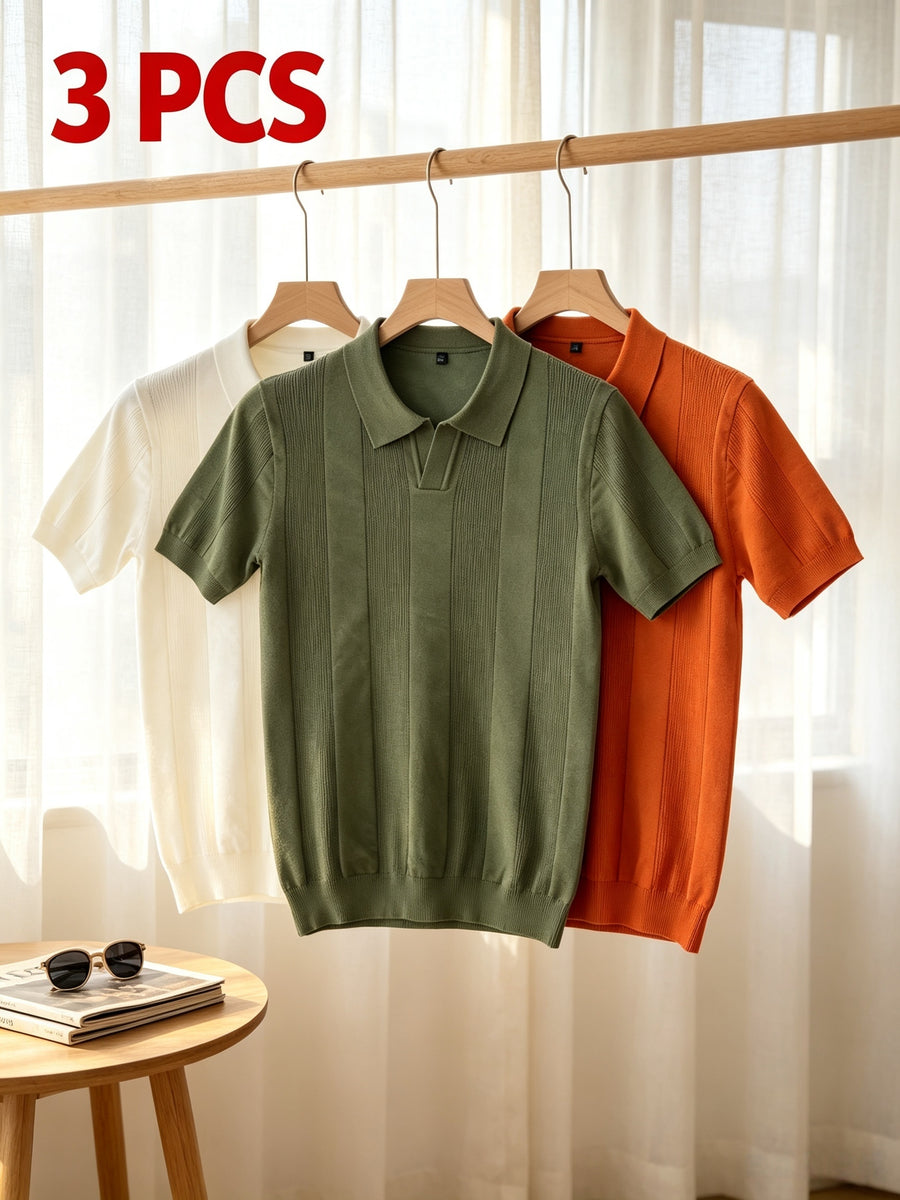 Men'S 3pcs Old Money Johnny Collar Vertical Textured Knit Polo Shirts, Breathable Casual Short Sleeve Tops, Multi-Color Set for Business Golf Vacation Summer Wear - White-Green-Orange-White