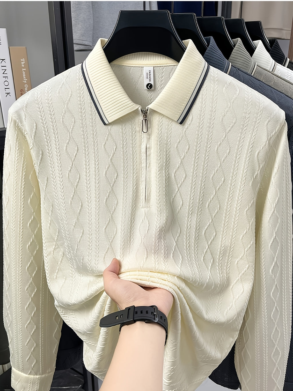 Men's Half-Zip Lapel Long-Sleeve Polo Shirt, Full-Rhombus Jacquard Texture, Contrast-Color Ribbed Collar, Simple Light-Luxury Top, for Business Receptions, Daily Commuting, Loose-Fit Men's Long-Sleeve T-Shirt - Beige Camel