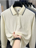 Men's Half-Zip Lapel Long-Sleeve Polo Shirt, Full-Rhombus Jacquard Texture, Contrast-Color Ribbed Collar, Simple Light-Luxury Top, for Business Receptions, Daily Commuting, Loose-Fit Men's Long-Sleeve T-Shirt - Beige Camel
