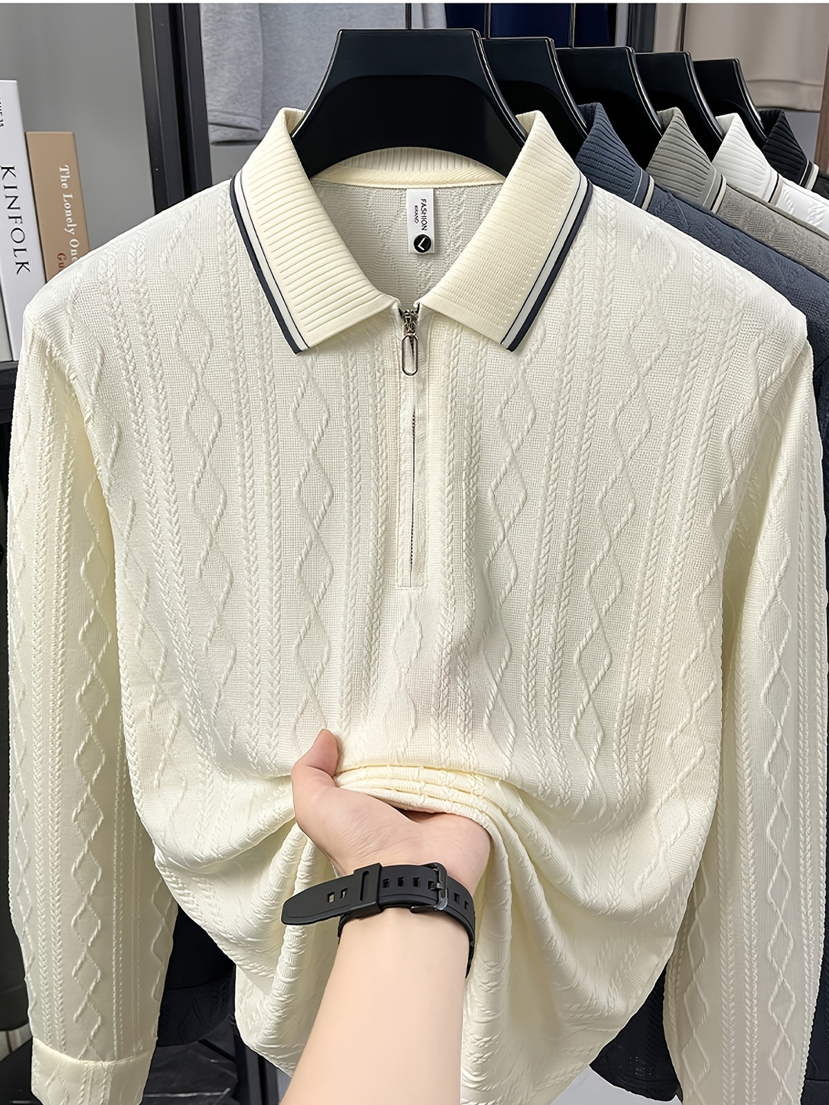 Men's Half-Zip Lapel Long-Sleeve Polo Shirt, Full-Rhombus Jacquard Texture, Contrast-Color Ribbed Collar, Simple Light-Luxury Top, for Business Receptions, Daily Commuting, Loose-Fit Men's Long-Sleeve T-Shirt - Beige Camel