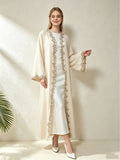 1pc Muslim Women's Arabic Robe - Elegant Middle Eastern Abaya Cardigan with 3 Floral Embroidery, Batwing Sleeves & Front Placket, Loose -Line Batwing Suitable for, Wedding Guest,, Daily Wear - Apricot