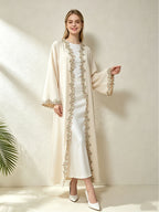 1pc Muslim Women's Arabic Robe - Elegant Middle Eastern Abaya Cardigan with 3 Floral Embroidery, Batwing Sleeves & Front Placket, Loose -Line Batwing Suitable for, Wedding Guest,, Daily Wear - Apricot