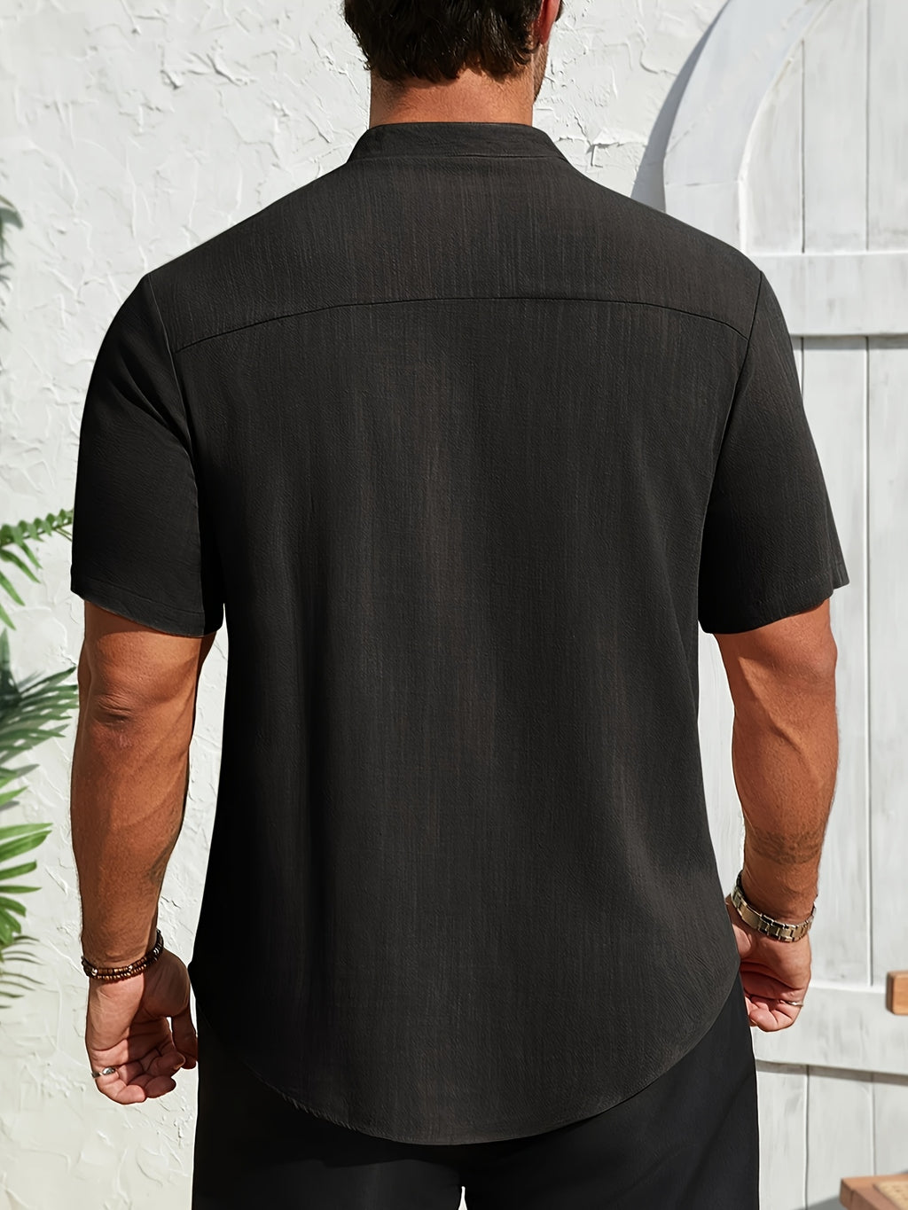 Solid Color Henley Shirt, New Summer Lightweight Solid Color Top, Casual And Comfortable Linen Henley Shirt, Comfortable Fabric, Suitable for Daily And Casual Wear - Black