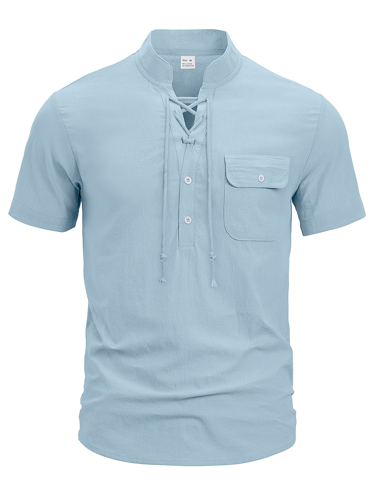 New Men'S Lace-Up Henley T-Shirt, Stand Collar Short Sleeve Casual Pullover with Adjustable Drawstring Neckline And Flap Chest Pocket, Lightweight Relaxed Fit Top for Beach Vacations, Travel, Outdoor Leisure And Everyday Wear - Light Blue