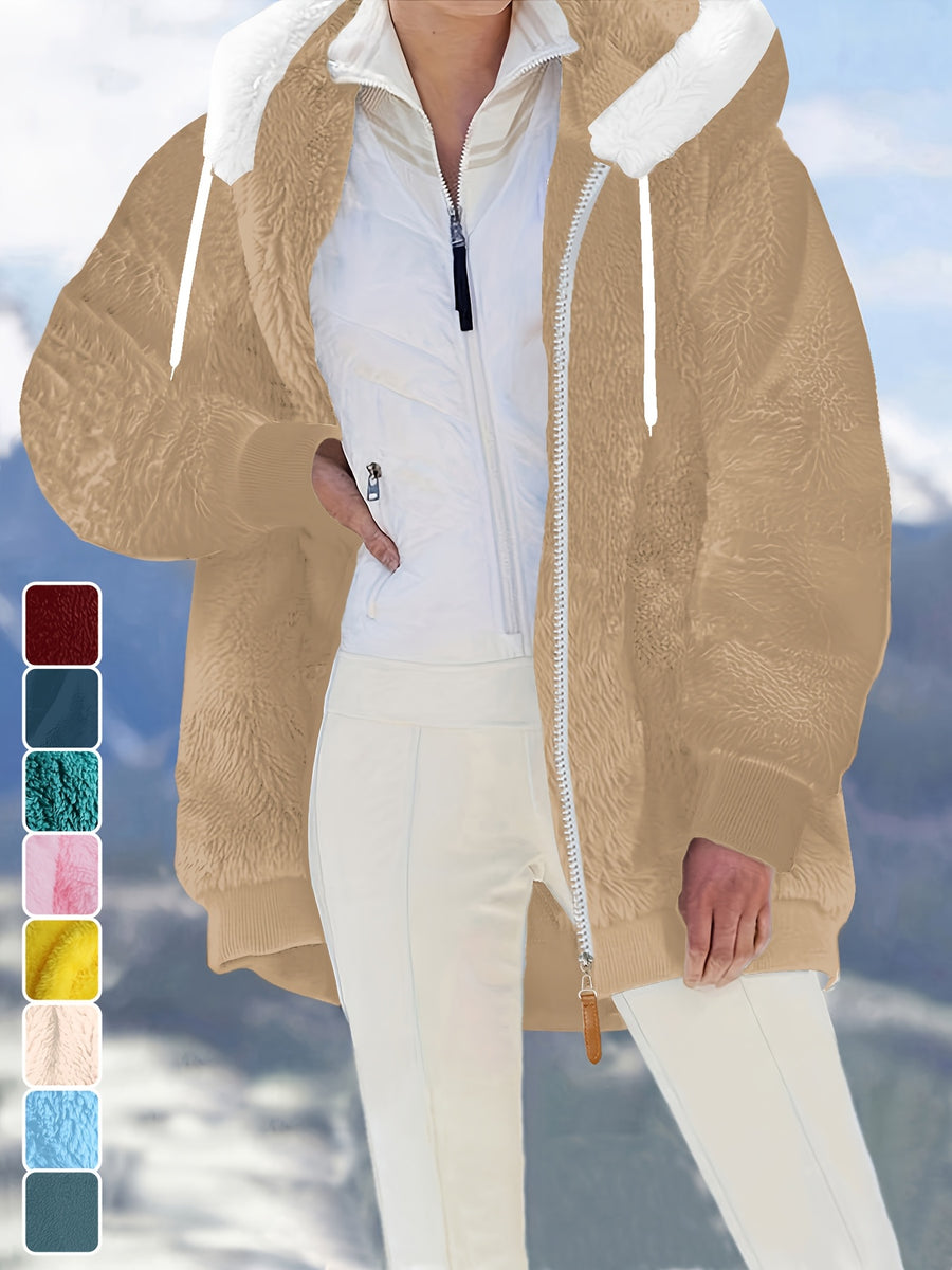 Ladies Autumn Winter Relaxed Cut Plush Hooded Outercoat, Contrast Color Trim Zip Front Warm Lined Jacket, Ribbed Cuff Windproof Casual Outerwear for Daily Commuting and Cold Season Everyday Styling - Khaki
