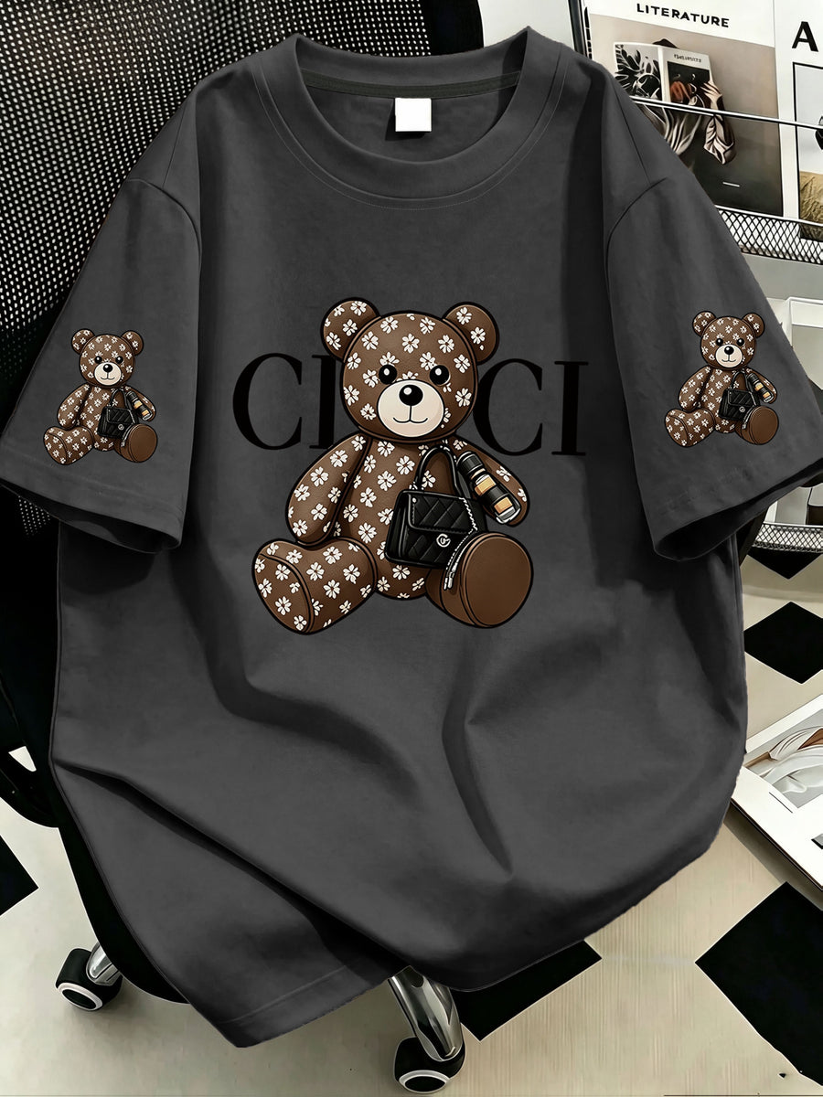 Plus Size, Plus-size Women's Crossbody Bag with Bear Print, Round Neck Short-sleeve T-shirt. Suitable for Summer Vacations, Beach, Holidays, Spring, Valentine's Day, Carnivals, Mother's Day Gifts; a Gift for Mom. Suitable for Daily Wear - Dark Gray