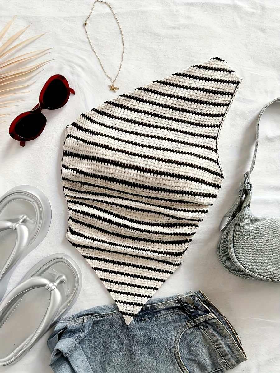 Off-The-Shoulder Striped Temperament Women'S Top - Black And White Color