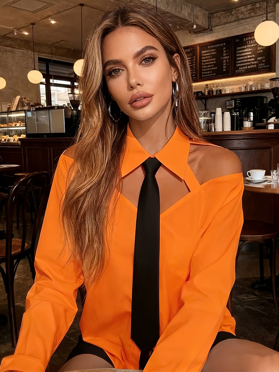 Elegant Off-Shoulder Color-Blocked Tie Long-Sleeve Blouse for Women'S Commuting: Spring Outfit Ideas, Summer Wardrobe - Orange-Red