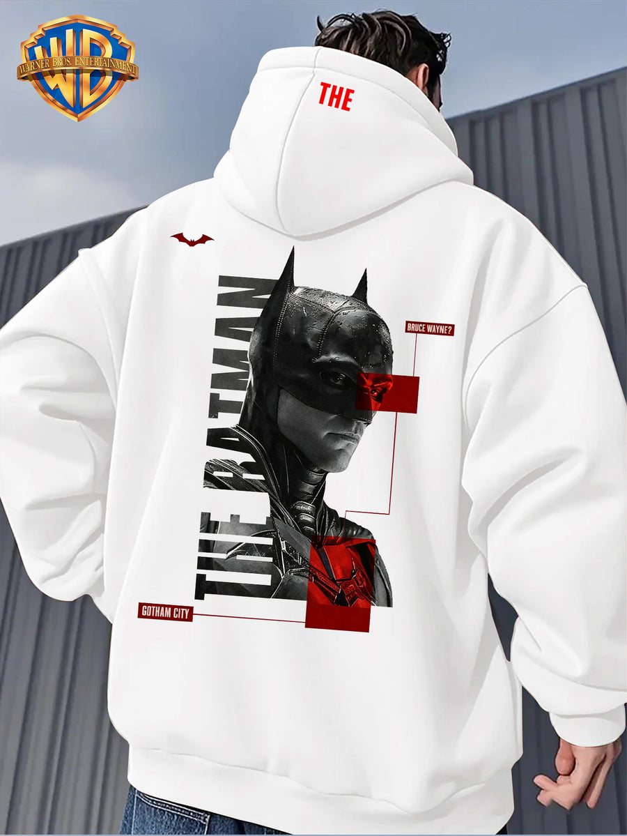Warner Men'S Autumn Winter Hoodie, Batman Theme Print Trendy Sweatshirt, Gotham City Series Athletic Preppy Design, Unisex Street Fashion Item for Casual Wear And Leisure Travel, Popular Element Enhancement - White