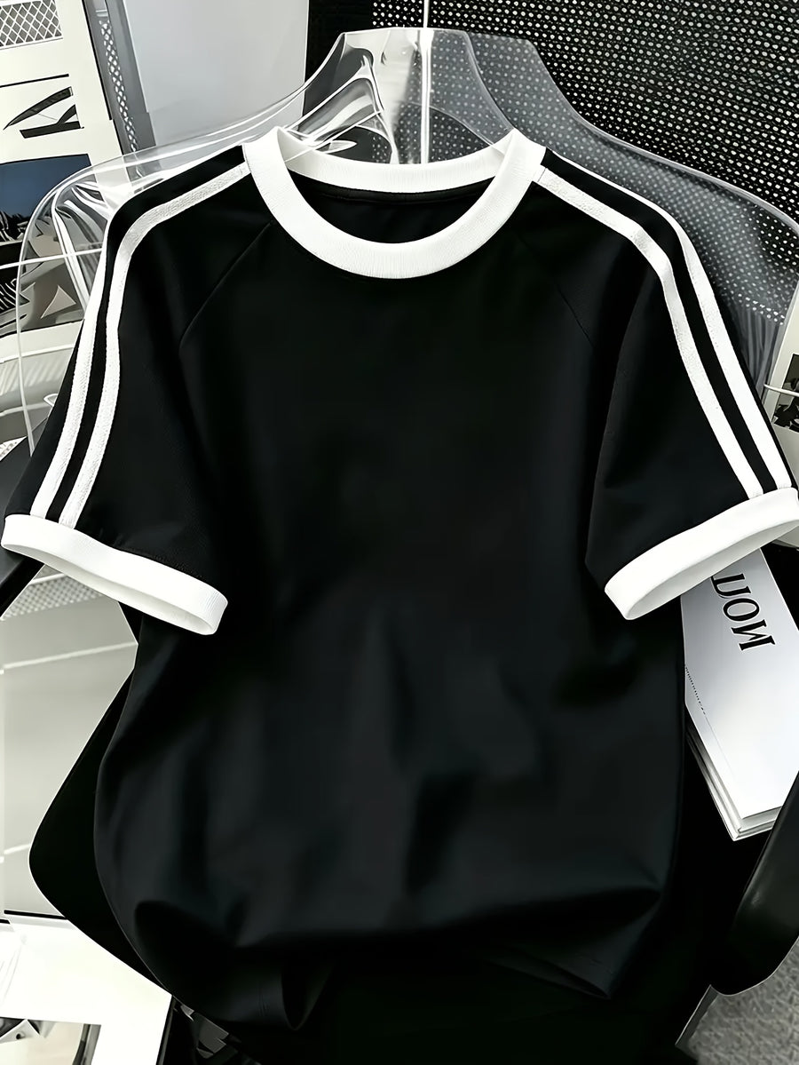 WB Men's Pure Cotton T-Shirt 2026 New Summer - Breathable Crew Neck Short Sleeve Tee with Solid Color Base & Contrast Stripe, Suitable for Casual Wear, Gym, Everyday Outfits - Machine Washable Solid Color Round Neck Shirt - Black