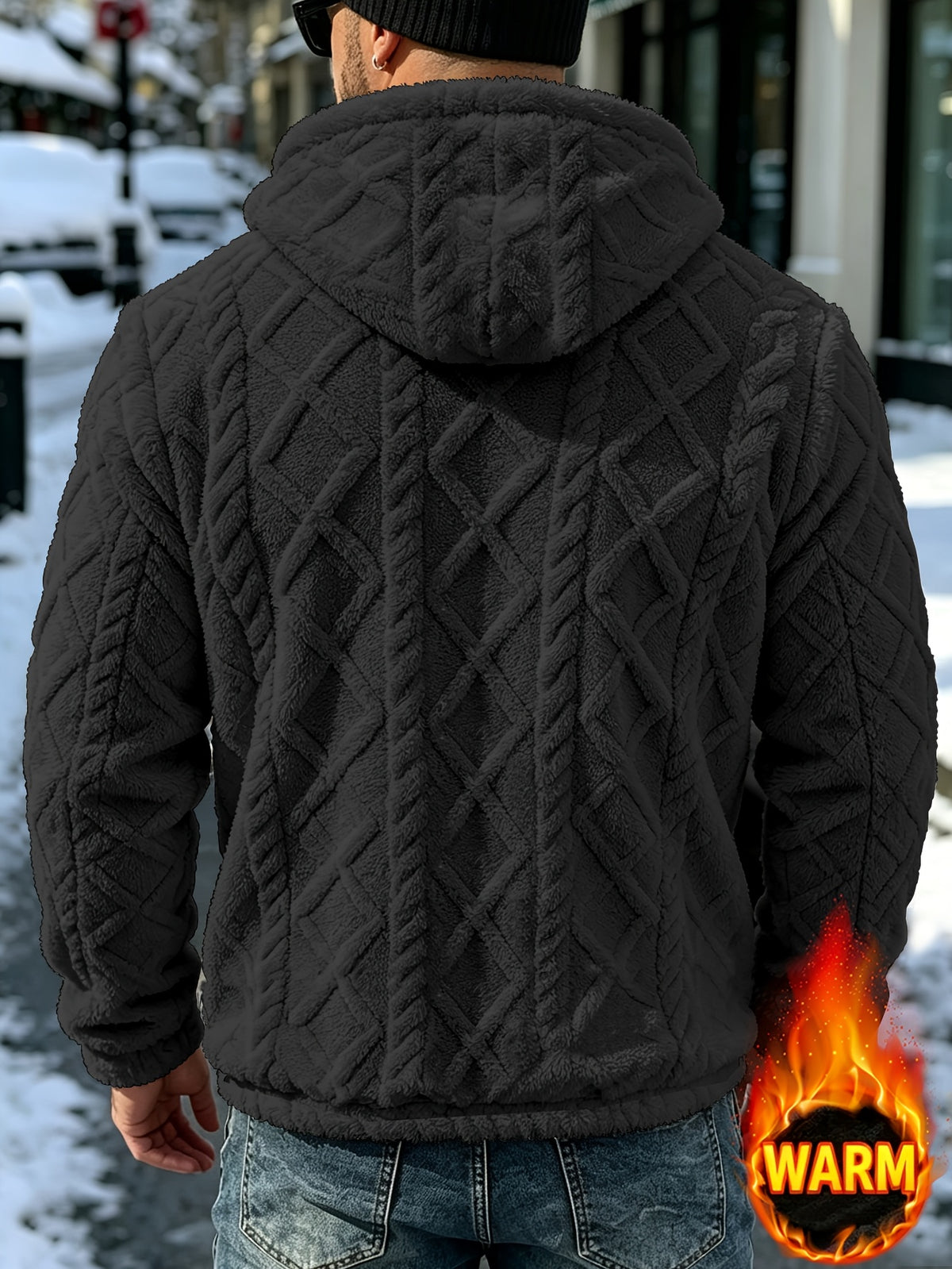 Men's Winter Casual -Lined Warm Hooded Sweatshirt, Soft Pullover with Large Pocket, Cable Knit Texture, Loose Fit, Suitable for Travel, Vacation, Outdoor, Streetwear, Daily Commuting, and as a Gift Option - Black