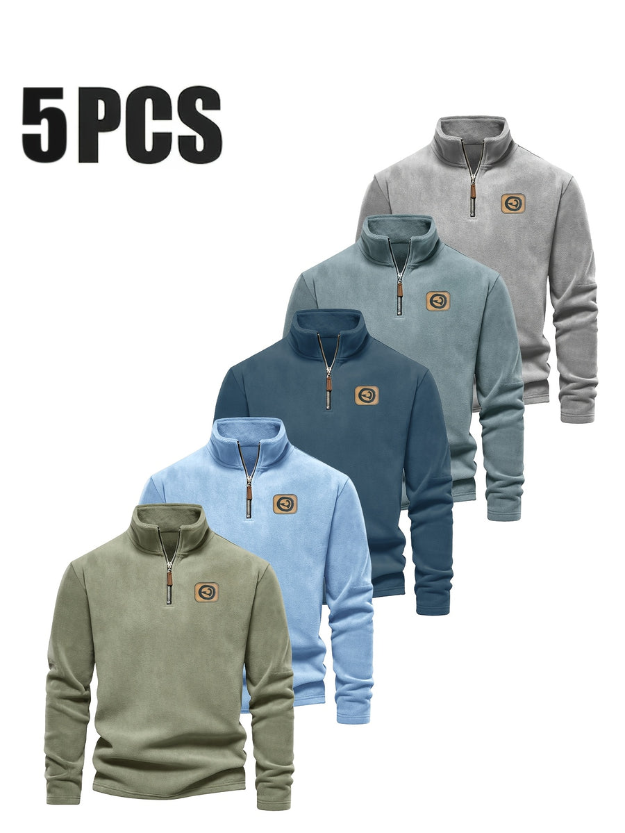 Men'S 5pcs Versatile Basic Fleece Sweatshirt, Half-Zip Stand-Up Collar Autumn And Winter Long-Sleeved Top - Mint Green + Navy Blue + Slate Blue + Sky Blue + Gray