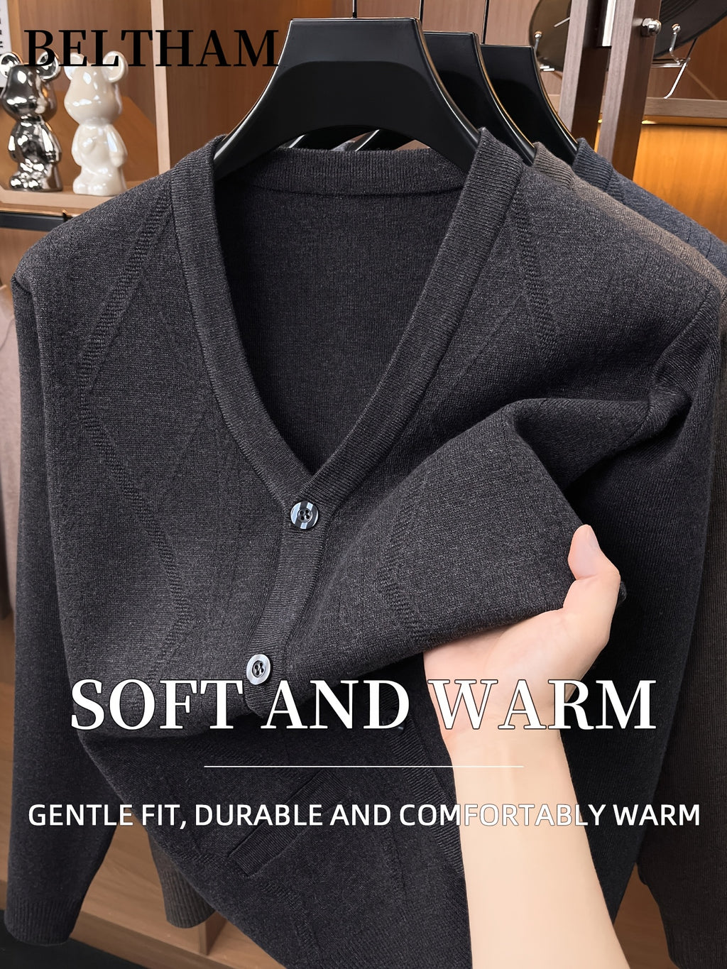 Autumn Winter Men Thick Knit Cardigan, Ideal Gift for Dad and Father, Button Design with Pockets, Warm Cold Resistant Soft Comfortable Sweater, Elegant Versatile Top Cardigan Coat for Daily Casual Business Sports Fishing Camping Wear - Black