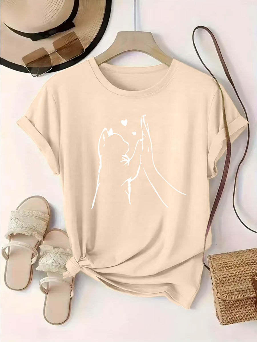 Women'S Fashion Pattern Printed T-Shirt, Round Neck Top, Casual Short Sleeve Top, Comfortable And Soft Knitwear - Apricot