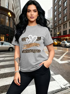 Leopard Print Heart Glitter-themed Pattern Print, Fashionable Breathable T-shirt, for Family Travel,, Casual S, Daily Commutes, Matching Outfits for Sisters, Versatile T-shirt 30057 - Light Grey