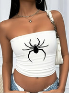 Y2K Women'S Off-Shoulder Short Top With Spider Design | Sexy, Suitable For Summer And Casual Wear, Cute Short Style - White 1